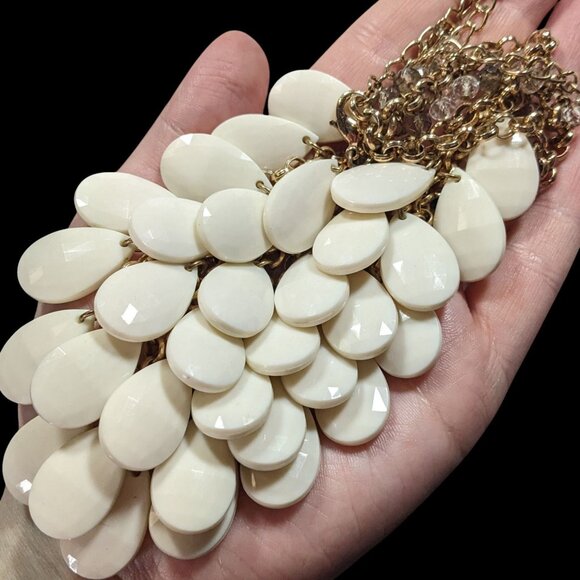 White Teardrop Bib Acrylic Beaded Statement Necklace With Glass Accents - Picture 3 of 6